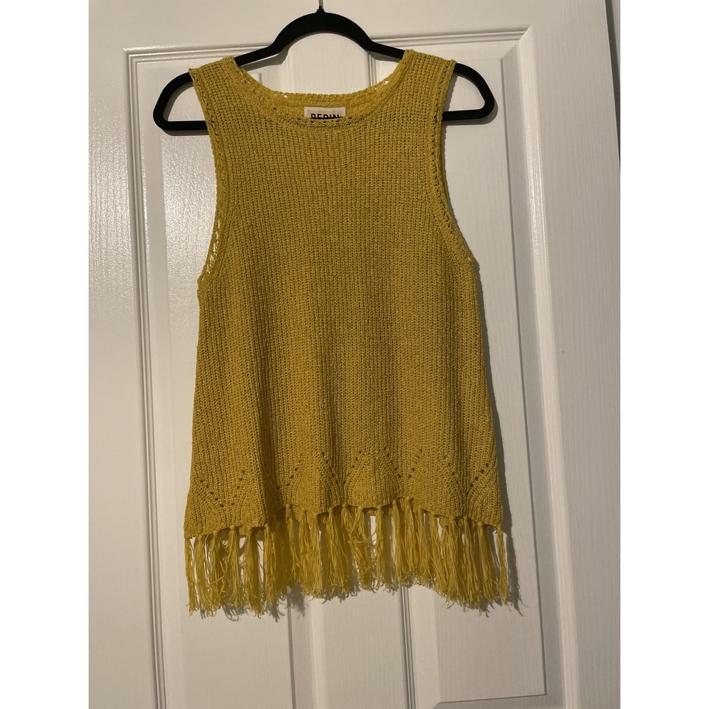 Pepin Vest Womens M Yellow Fringe Open Knit Sleeveless Boho Sweater Festival